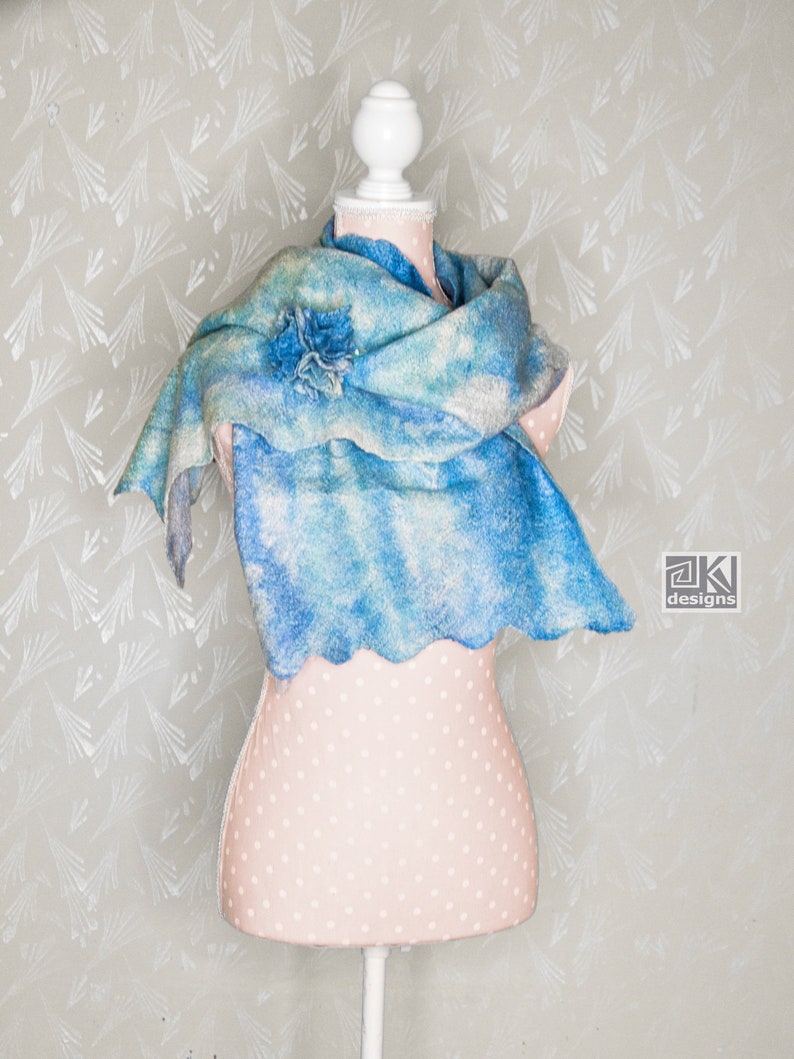 Nuno felted shawl, Turquoise, Hand felted scarf, Blue and White, Wool and Silk scarf, Felted wrap, Warm and Light scarf, wearable art scarf image 2