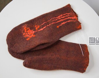 Hand Felted Wool Mittens: Chocolate Brown & Orange, Stylish Warm Gloves