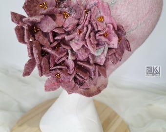 Hand Felted Cloche Hat with Pink Hydrangeas, Elegant Womens Headwear