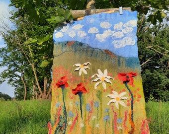 Summer meadow, Felted Wall hanging, Poppies and Daisies, Wall art panel, Summer landscape, Flowers, Wool Felted Tapestry, Textile art