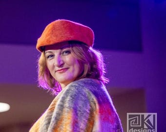Pumpkin Orange Wool Flat Cap: Hand-felted Newsboy Cap (57cm)