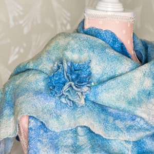 Nuno felted shawl, Turquoise, Hand felted scarf, Blue and White, Wool and Silk scarf, Felted wrap, Warm and Light scarf, wearable art scarf image 10