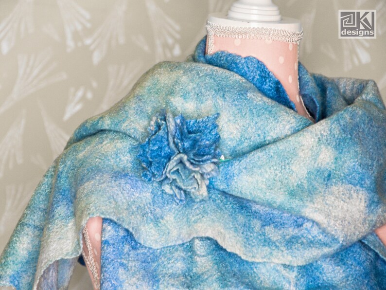 Nuno felted shawl, Turquoise, Hand felted scarf, Blue and White, Wool and Silk scarf, Felted wrap, Warm and Light scarf, wearable art scarf image 10