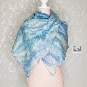 Nuno felted shawl, Turquoise, Hand felted scarf, Blue and White, Wool and Silk scarf, Felted wrap, Warm and Light scarf, wearable art scarf image 1