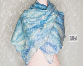 Nuno felted shawl, Turquoise, Hand felted scarf, Blue and White, Wool and Silk scarf, Felted wrap, Warm and Light scarf, wearable art scarf