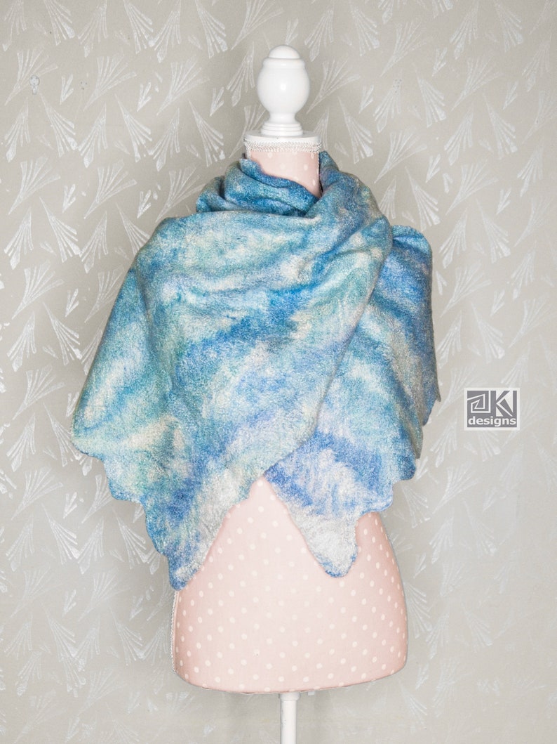 Nuno felted shawl, Turquoise, Hand felted scarf, Blue and White, Wool and Silk scarf, Felted wrap, Warm and Light scarf, wearable art scarf image 1