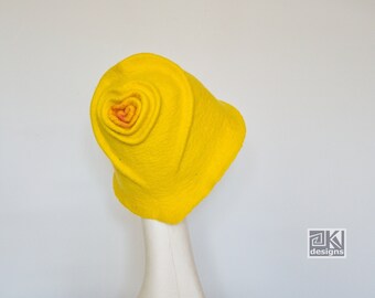 Yellow felted hat, Heart ornament, Hand felted hat, Wet felted hat, felt sculptural hat, Special occasion hat, Bright colours, Vivid colours