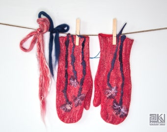 Hand felted mittens, Dark red and Navy blue, Wet felted mitts, Stylish woman, Warm hands, Woolen gloves