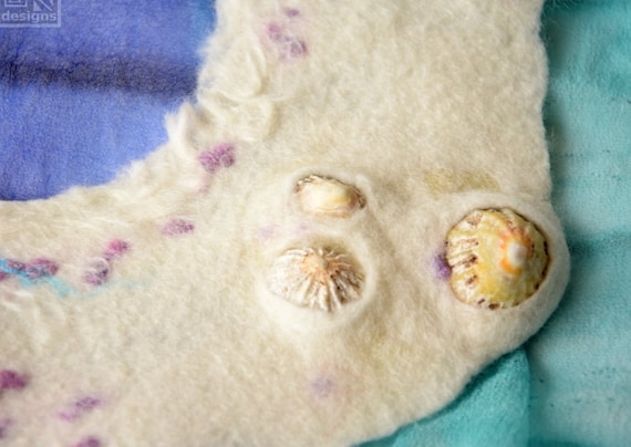 Turquoise Seashell Necklace: Wet Felted Merino Wool Fiber Art