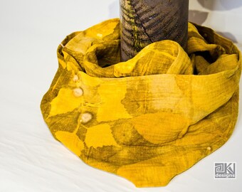 Eco Printed Cotton Muslin Scarf: Yellow Natural Botanical Design, Infinity scarf, Neckwarmer