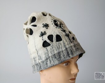 Black and White hand felted hat, merino wool wet felted one of a kind hat