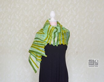 Green nuno felted scarf, Striped scarf, Wool and Silk scarf, felted shawl, warm light scarf, hand felted scarf, bright colors