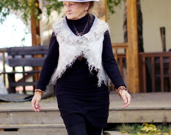 Light grey woolen vest, Hand felted vest with curly collar