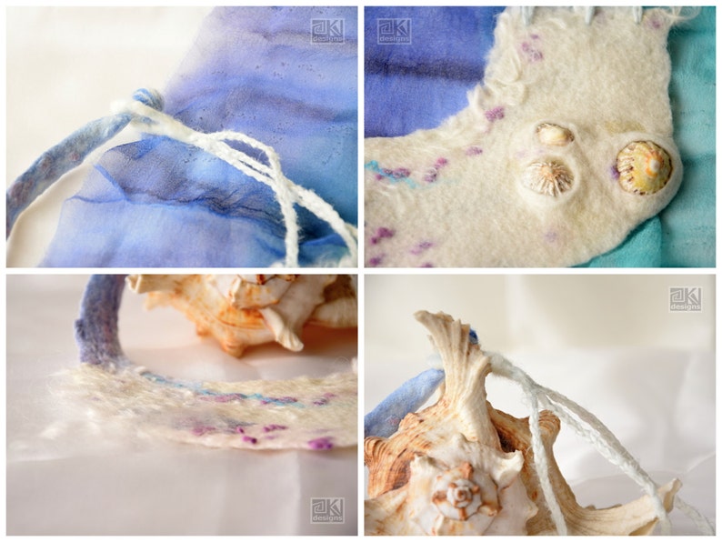 May include: A white felted fabric pouch with blue and turquoise silk accents. The pouch is decorated with small seashells and has a white drawstring closure.