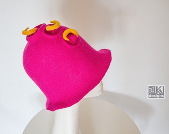 Magenta felted hat, Hand felted hat, Wet felted hat, felt sculptural hat, Special occasion hat, Neon colours, Bright colours, Vivid colours