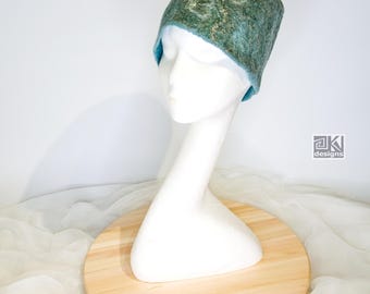 Hand Felted Merino Wool Beanie: Green Grey Viscose Cap