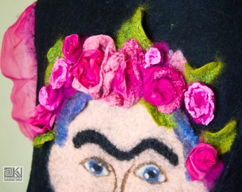 Wearable art vest, Frida Kahlo, Nuno felted vest, Hand felted vest, Black wool vest, Magenta, Pink roses, Art to wear, unique vest