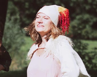 Hand Felted Merino Wool Beanie, White Slouchy Hat with Yellow Red Locks