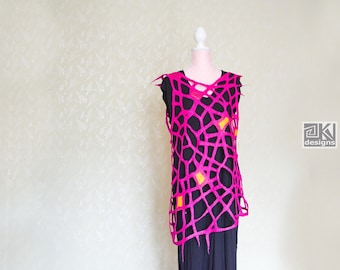 Pink merino tunic, Magenta top, Cobweb tunic, hand felted tunic, wearable art piece, unique felted top, Vivid colours, Neon collection,