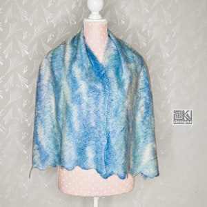 Nuno felted shawl, Turquoise, Hand felted scarf, Blue and White, Wool and Silk scarf, Felted wrap, Warm and Light scarf, wearable art scarf image 5