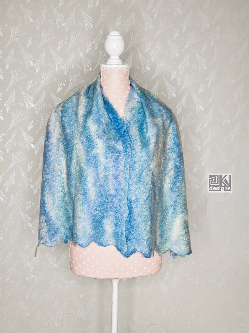 Nuno felted shawl, Turquoise, Hand felted scarf, Blue and White, Wool and Silk scarf, Felted wrap, Warm and Light scarf, wearable art scarf image 5