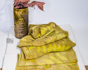 Eco Printed Cotton Muslin Scarf: Real leaf Botanical Print, Green and Beige Tones