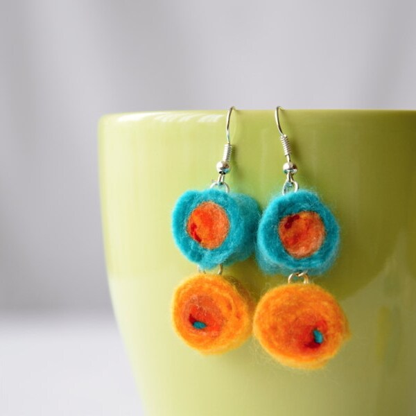 Turquoise felt balls, Felted earrings, Yellow wool beads, Needle felted wool, Turquoise and Orange, Orange and Yellow, Summer fun felties
