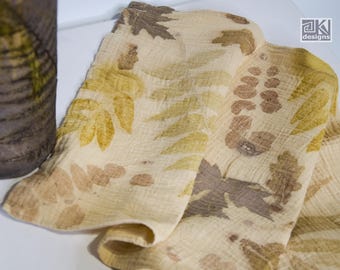 Eco Printed Cotton Muslin Scarf: Botanical Print, Beige Tones, Unique natural print