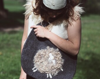 Hand Felted Wool Bag, Black handbag with White curly sheep