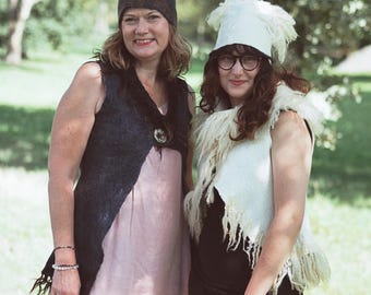 Black woolen vest, Hand felted vest with curly collar