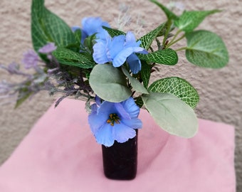 Blue and Black Floral-black vase- Blue flowers-green leaves