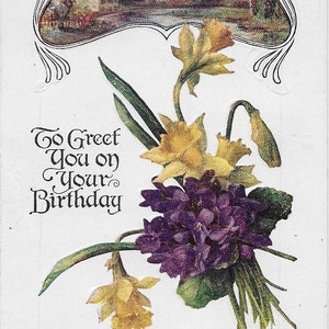 postcard-To Greet You on Your Birthday-Yellow Daffodil-Purple flower -vintage-unused