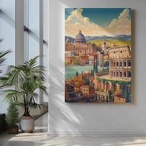 Poster di viaggio di Roma – Stampa artistica murale di ispirazione vintage con paesaggio urbano italiano, Colosseo e Basilica di San Pietro