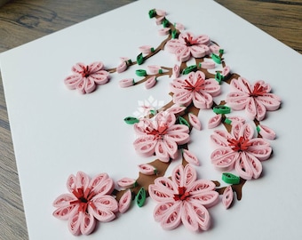 Framed Paper Quilling Cherry Blossom Wall Decor, Quilled Sakura Flowers Wall Art, Any Occasion Gift, Unique Paper Blossom Gift, Quilled Gift