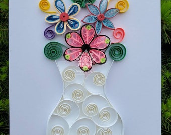 Framed Paper Quilling Flower Vase, Quilled Floral Wall Art, Wedding- Anniversary-Birthday-Mother's Day Gift, Colorful Christmas Flower Gift