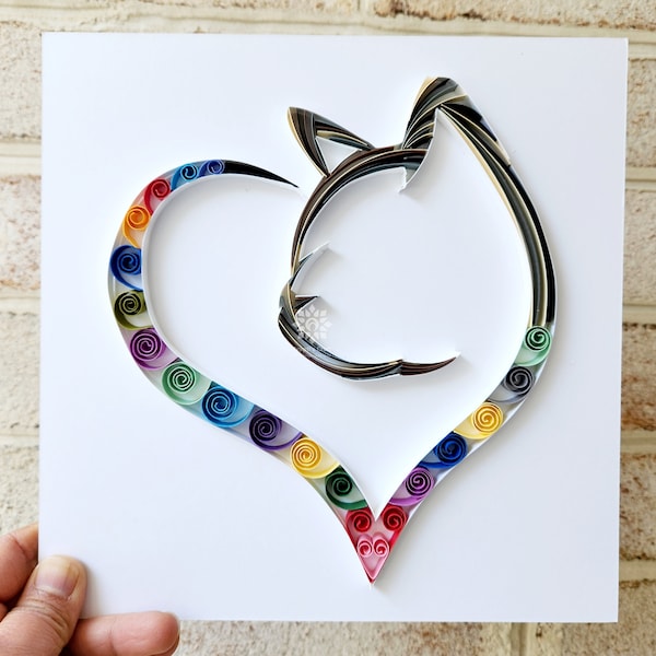 Paper Quilling Heart with Cat Silhouette Wall Art, Framed Quilled Heart for Cat Lovers, Quilled Cat Frame, Unique Quilling Gift