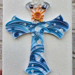 Ocean Themed Framed Paper Quilling Cross Wall Décor, First Communion or Baptism Gift, Spiritual Gift, Mother&#39;s Day Gift, Beach House Decor