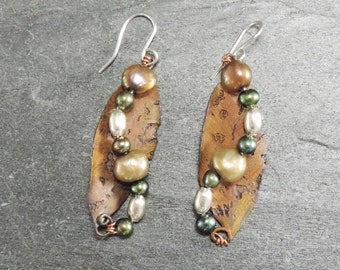 Laurel Leaf Earrings, Fall Patterns Etched into Copper. Tan, Taupe & Green Freshwater Pearls wired with Silver Beads, Sterling Ear wires.