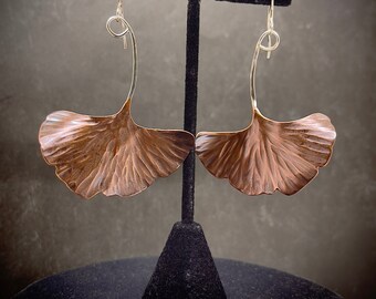 Copper Ginkgo Biloba Leaf Earrings, Antique Patina Leaf, Hammered Texture, Sterling Silver French Ear wires, Statement Botanical Maidenhair.