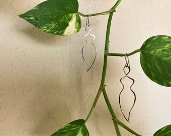 Lightweight Silver Goddess Earrings, Curvy Female Form Dangles, Sterling Wire Hammered Shapes, Shiny Polished Finish, Sterling Ear Wires.