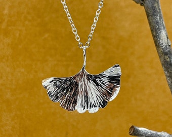 Sterling Ginkgo  Biloba Leaf Necklace, Lightweight Silver Botanical, Hammered Texture, Delicate 925 Chain & Pendant, Fan Shape Maidenhair.