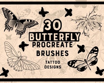 May include: An illustration featuring butterflies and the text "30 BUTTERFLY PROCREATE BRUSHES TATTOO DESIGNS." The image has a beige background with butterfly patterns and a black border. Various butterfly designs are displayed.