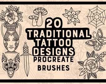 May include: Black and white illustration of 20 traditional tattoo designs, including a rose, butterfly, spiderweb, and dagger. The text reads "20 Traditional Tattoo Designs Procreate Brushes."