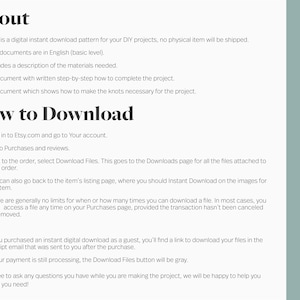 May include: A text-based document with instructions on how to download a digital instant download pattern for DIY projects. The document includes information about the pattern, the materials needed, and step-by-step instructions. The document also includes a section on how to download the files.