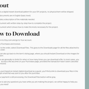 May include: A text-based document with instructions on how to download a digital instant download pattern for DIY projects. The document includes information about the download process, including how to access the files and what to do if the payment is still processing.