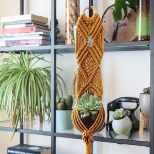 K&ouml;nnte beinhalten: Ein senfgelber Makramee-Pflanzenh&auml;nger mit einem Holzring oben. Eine kleine Sukkulente befindet sich in einem schwarzen Topf im H&auml;nger.