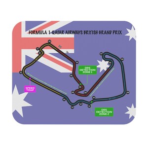 May include: A diagram of the Silverstone Circuit, home of the British Grand Prix, with the track layout, sector markings, and DRS detection zones labeled. The track is shown on a purple background with a stylized Australian flag.