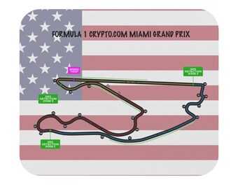 Formula One Mouse Pad featuring the Miami Grand Prix track layout and flag.