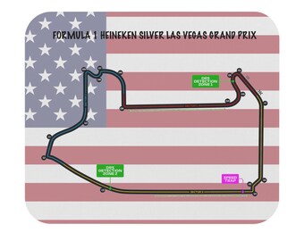 Formula One Mouse Pad featuring the as Vegas Grand Prix track layout and flag.