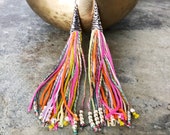 Colorful Fringe Shoulder Dusters - Bohemian Textile Earrings - Long Festival Earrings - Gypsy Soul - Beaded Rainbow Tassel Earrings